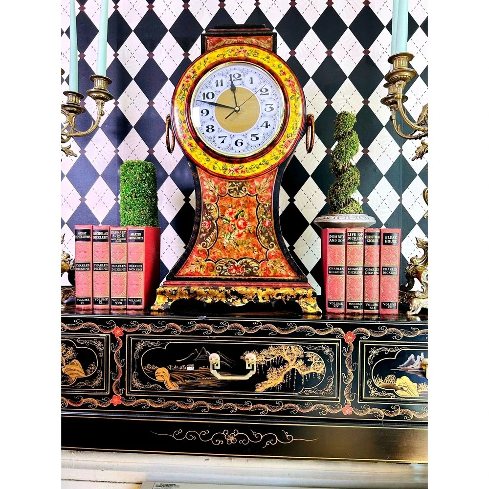 Oversized 2ft Tall Italian Florentine Style Mantel Clock Hand Painted